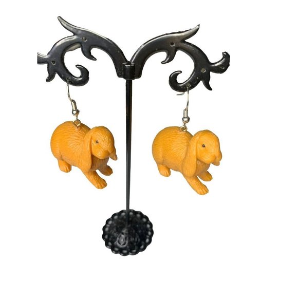 Brown Bunny Rabbit Plastic 1 3/4" Drop Dangle Pierced Hook Earrings - Picture 2 of 8